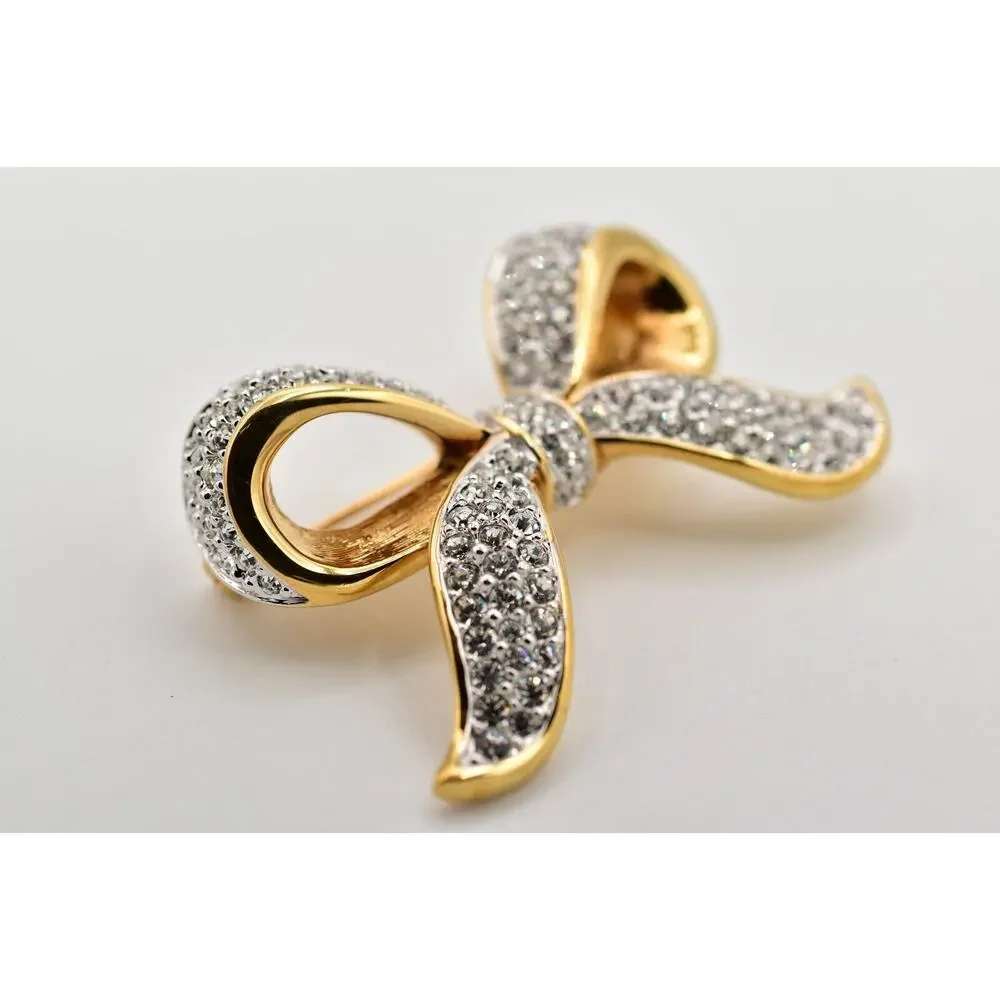 Swarovski Vintage Crystal Bow Pin Brooch Gold Pave Rhinestone Swan Signed BinBG